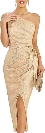 Women Sleeveless One Shoulder Sequin Dress